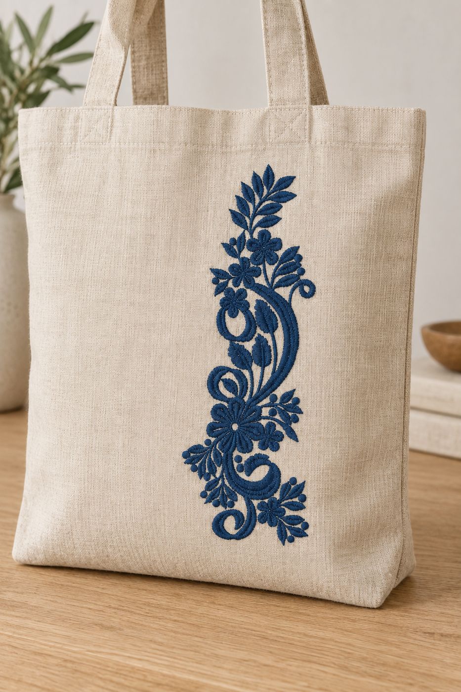 Tall deep blue floral paisley machine embroidery centered on a natural linen tote bag