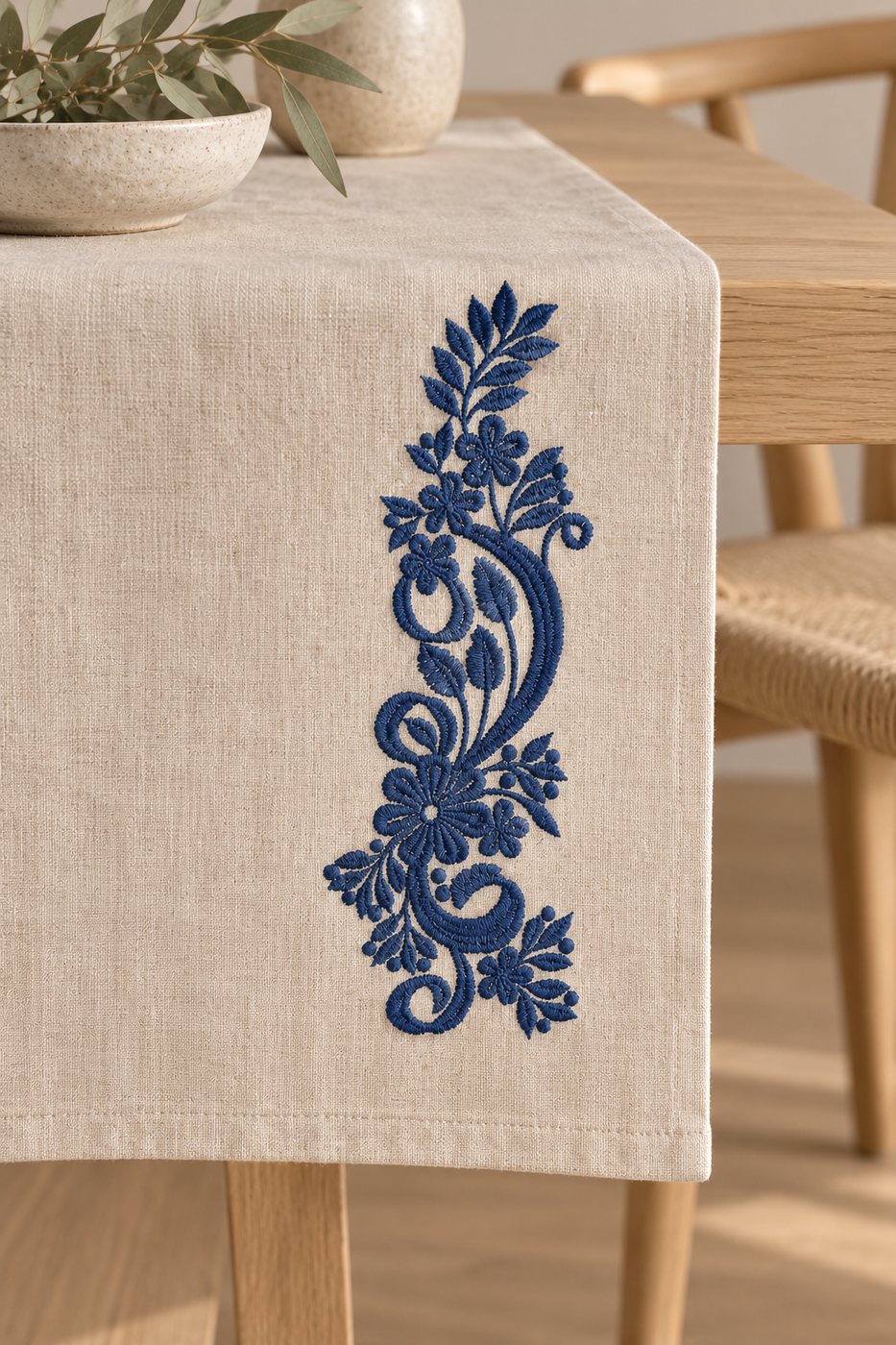 Deep Prussian blue floral paisley machine embroidery used as one elegant placement on a linen table runner