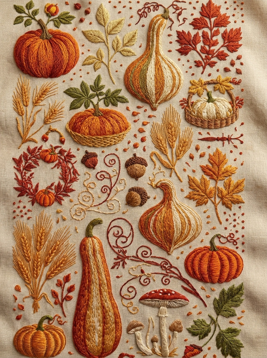 Pumpkins Gourds And Harvest Collection from Halloween & Autumn Embroidery Book 1, a digital embroidery design reference for machine embroidery designs, embroidery patterns and seasonal embroidery motifs.