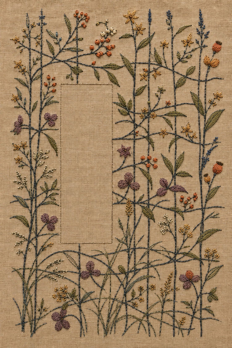 Illustrative embroidery design: Fine stems cross among scattered blossoms around a tall area of clear linen.