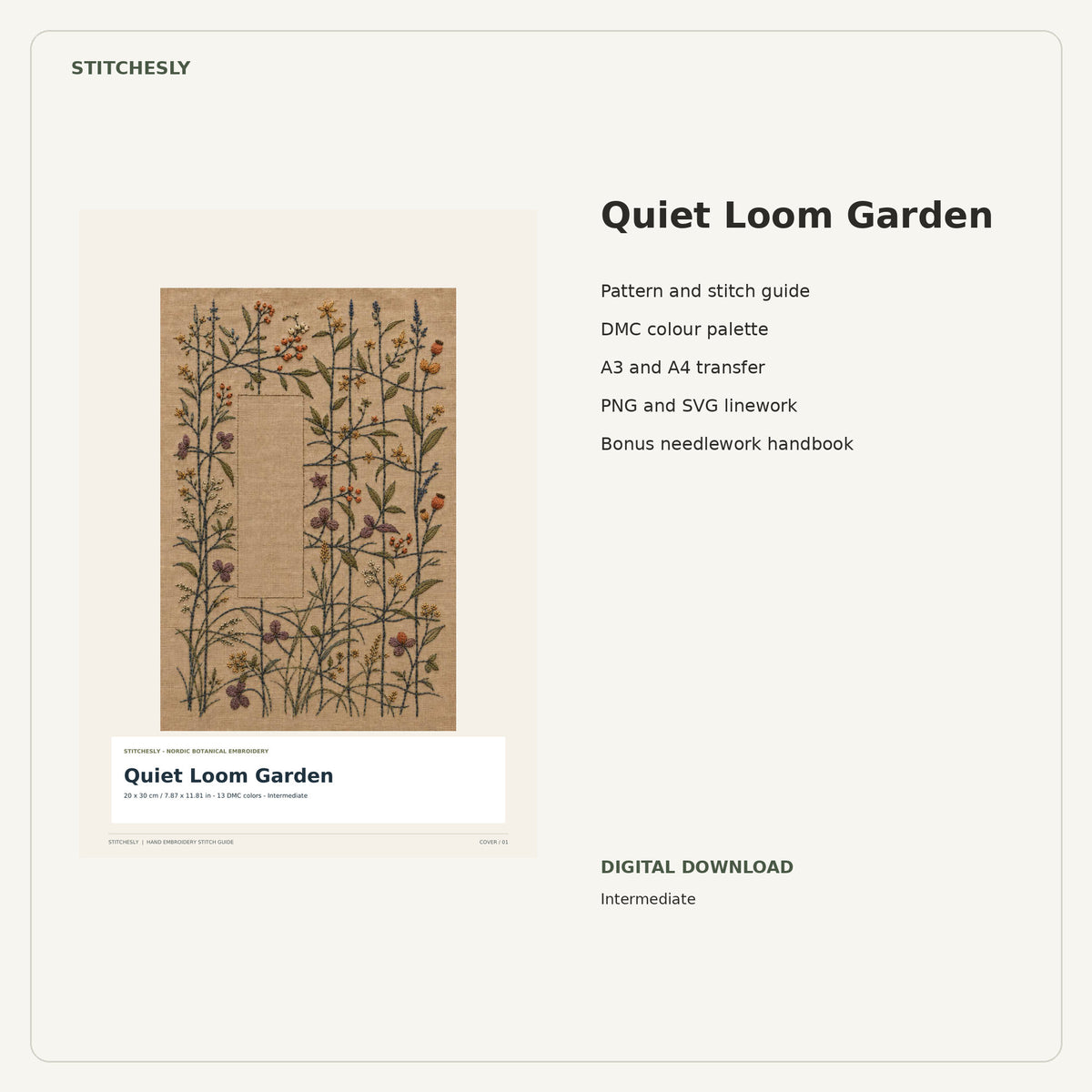 Quiet Loom Garden PDF stitch guide cover, pattern files and bonus needlework handbook.