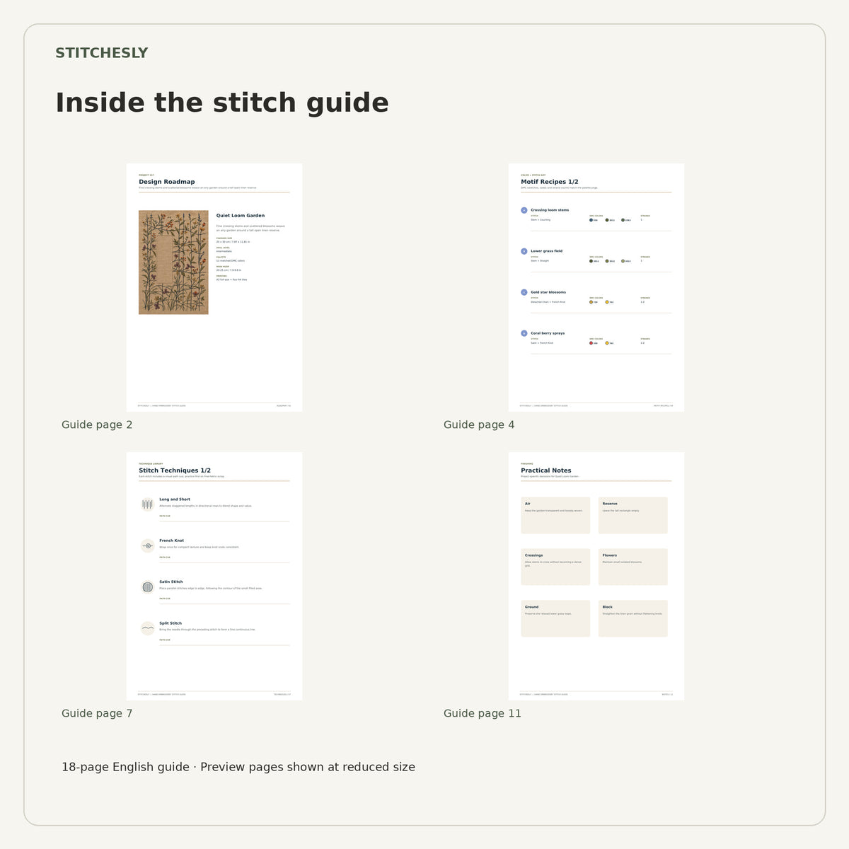 Four reduced-size preview pages from the 18-page Quiet Loom Garden stitch guide.