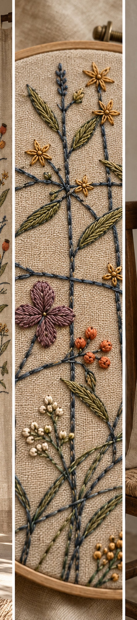 Botanical textile close view mockup featuring the Quiet Loom Garden hand embroidery design. Fine stems cross among scattered blossoms around a tall area of clear linen.