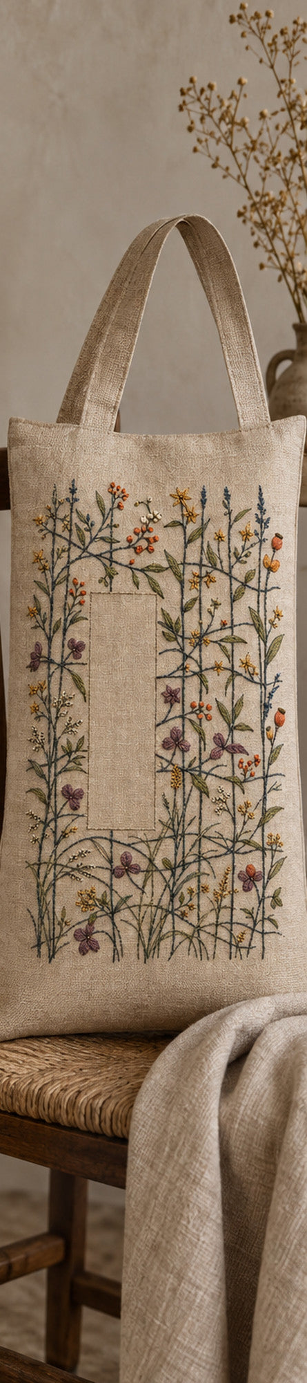 Linen tote bag mockup featuring the Quiet Loom Garden hand embroidery design. Fine stems cross among scattered blossoms around a tall area of clear linen.
