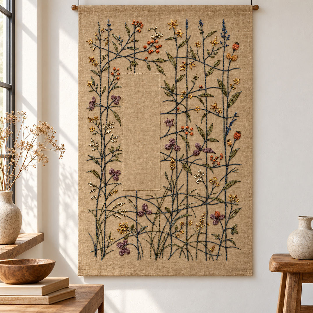 Framed botanical textile mockup featuring the Quiet Loom Garden hand embroidery design. Fine stems cross among scattered blossoms around a tall area of clear linen.