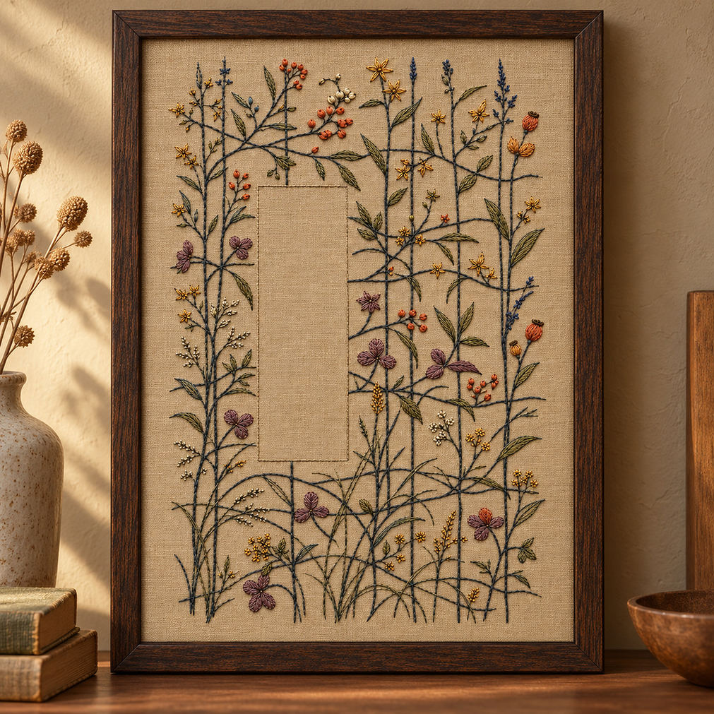 Framed linen panel mockup featuring the Quiet Loom Garden hand embroidery design. Fine stems cross among scattered blossoms around a tall area of clear linen.