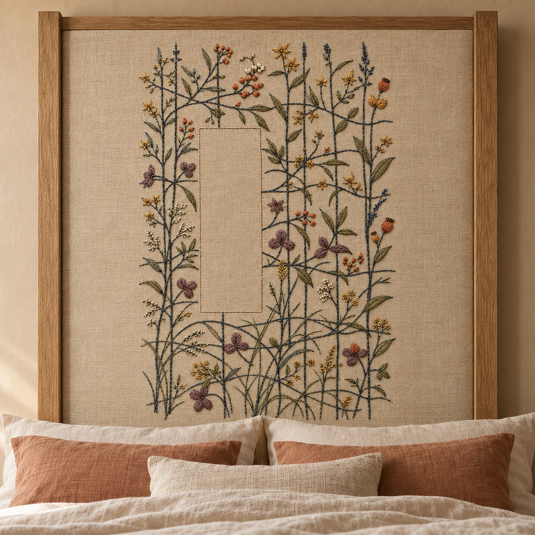 Linen panel on a chair mockup featuring the Quiet Loom Garden hand embroidery design. Fine stems cross among scattered blossoms around a tall area of clear linen.