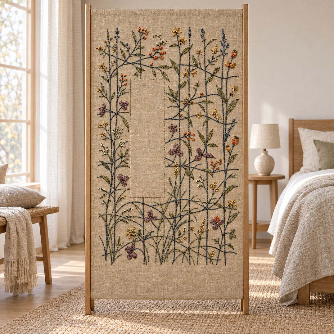 Hanging botanical panel mockup featuring the Quiet Loom Garden hand embroidery design. Fine stems cross among scattered blossoms around a tall area of clear linen.