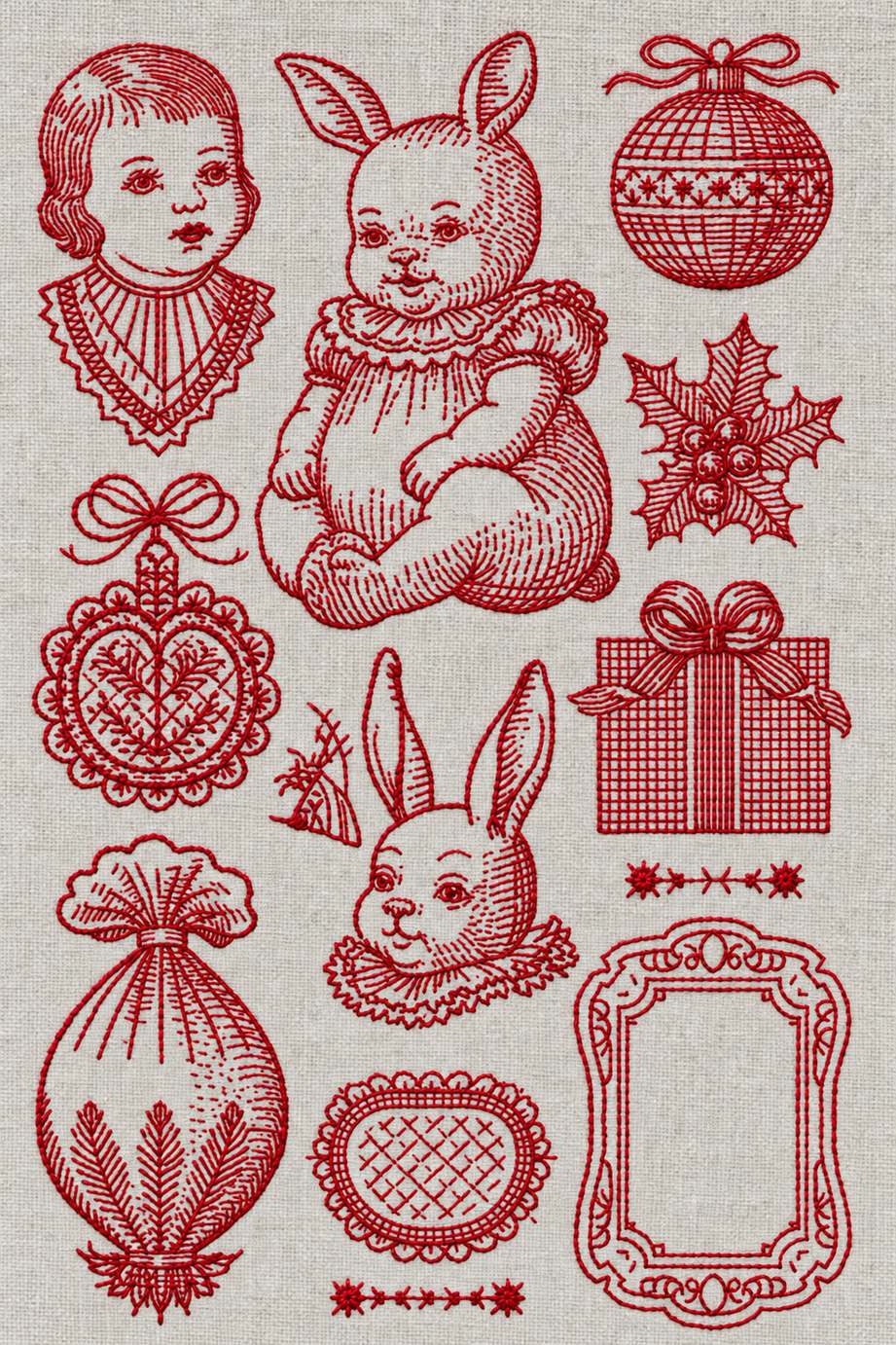 Embroidery visualization of baby rabbits gift and heirloom motifs in one red cotton thread color on light stone-grey linen.