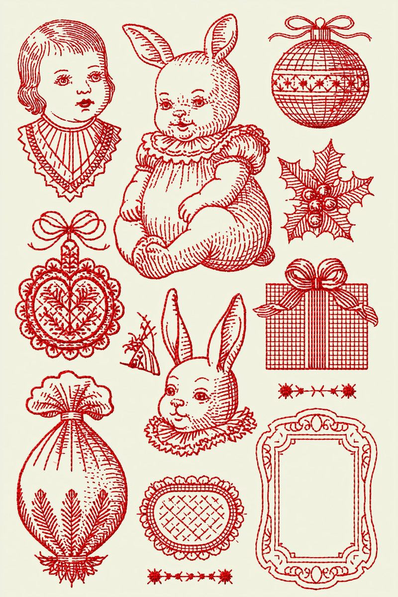 Original redwork design plate showing baby rabbits gift and heirloom motifs, from Redwork Embroidery Collection Edition Four.