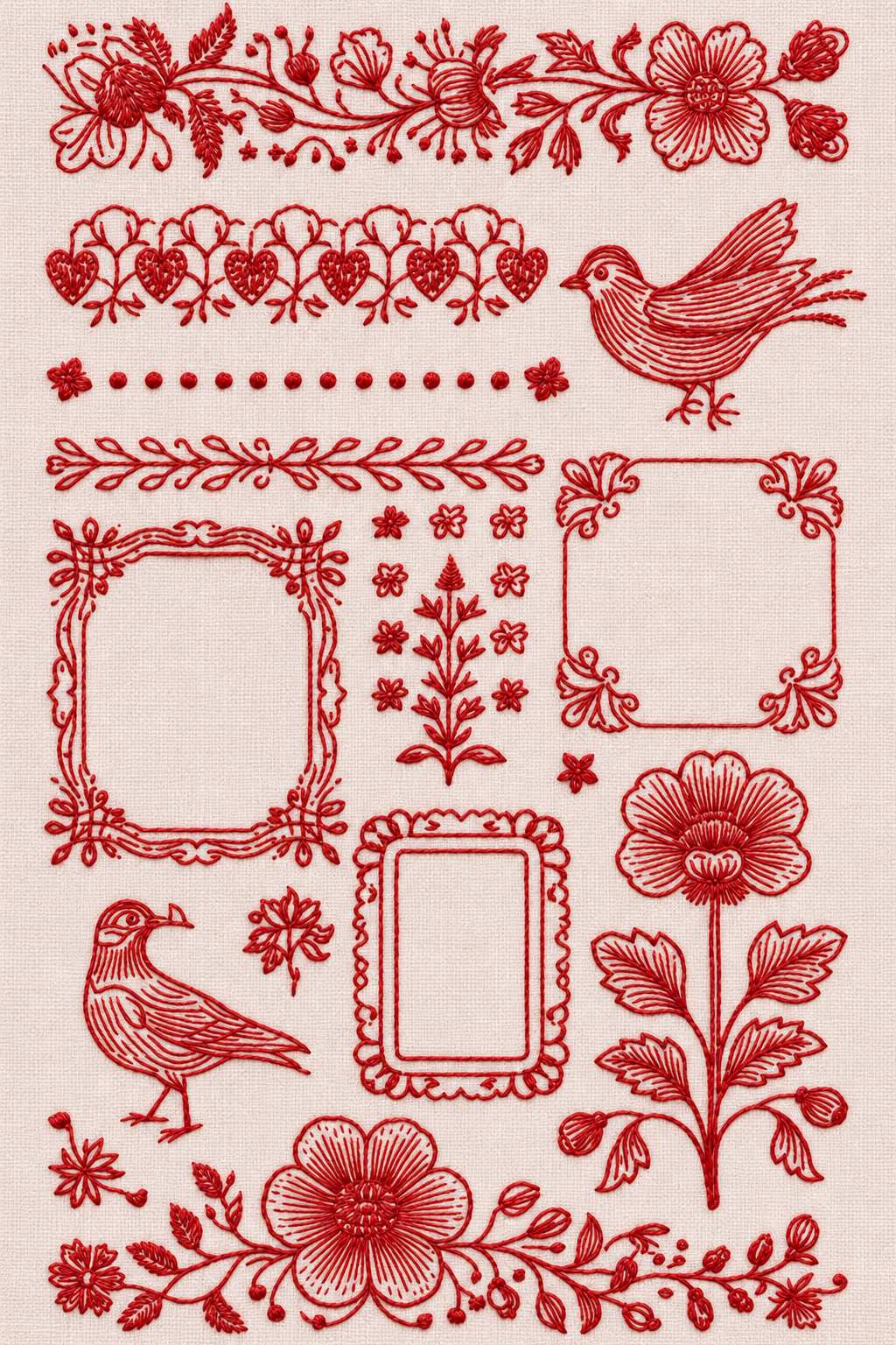 Embroidery visualization of birds floral bands and three open frames in one red cotton thread color on pale blush linen.