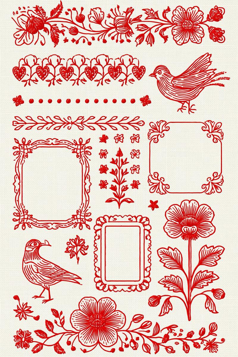Original redwork design plate showing birds floral bands and three open frames, from Redwork Embroidery Collection Edition Four.