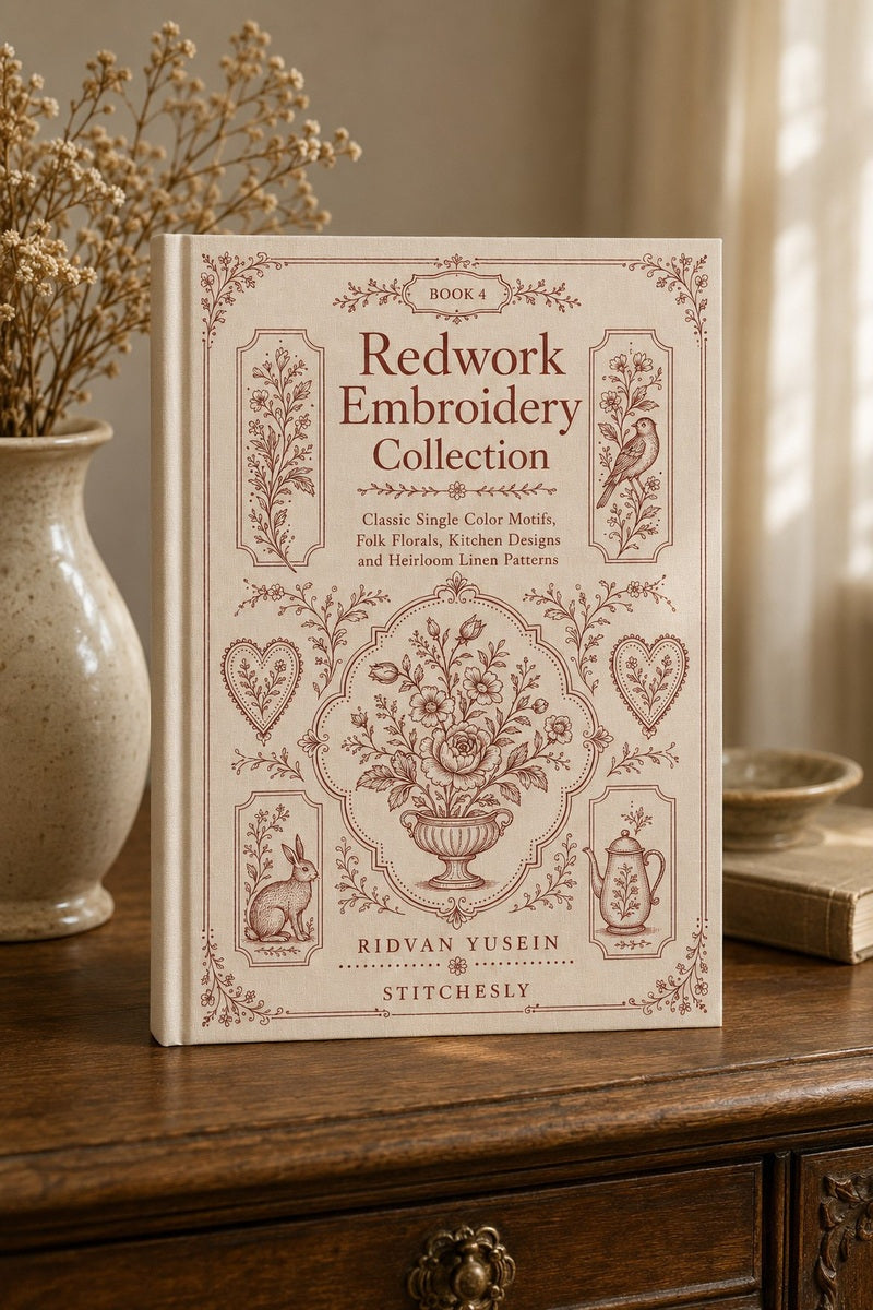 Redwork Embroidery Collection Edition Four digital PDF, cabinet scene book cover.