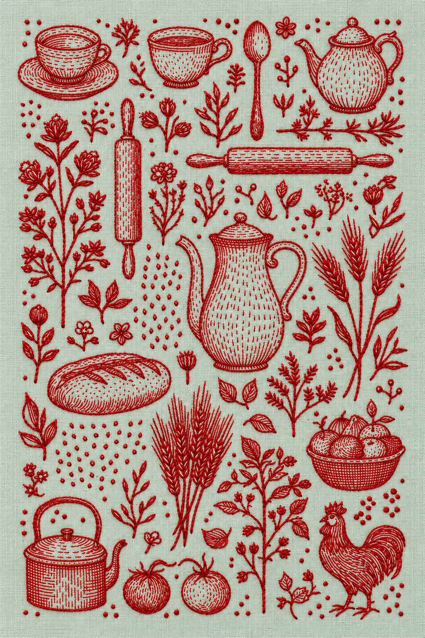 Embroidery visualization of coffee pot bread and harvest sampler in one red cotton thread color on pale celadon linen.