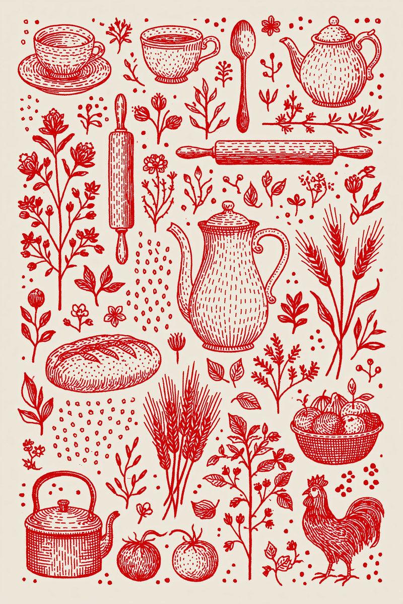Original redwork design plate showing coffee pot bread and harvest sampler, from Redwork Embroidery Collection Edition Four.