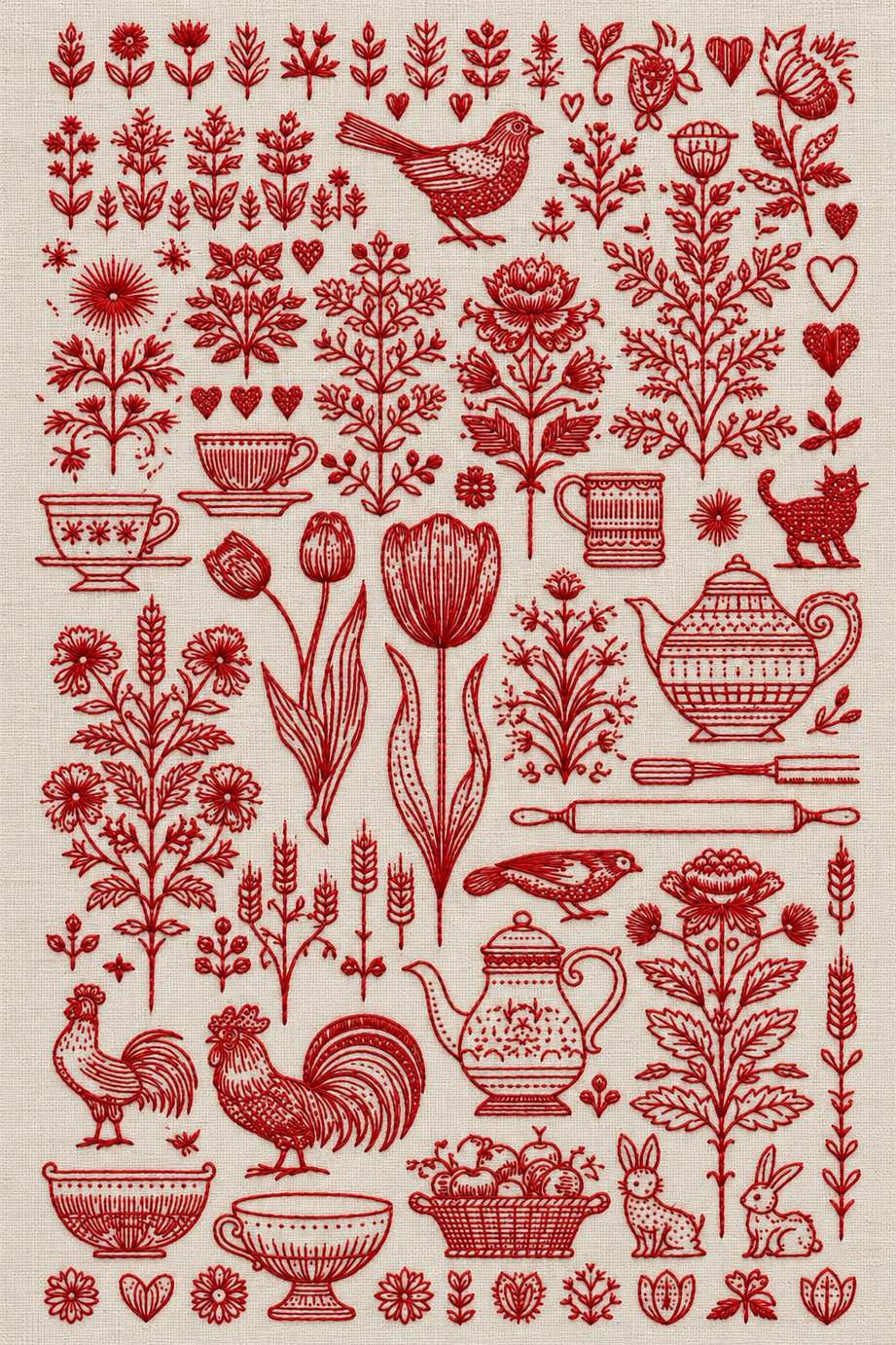 Embroidery visualization of complete folk kitchen and botanical sampler in one red cotton thread color on warm ivory linen.