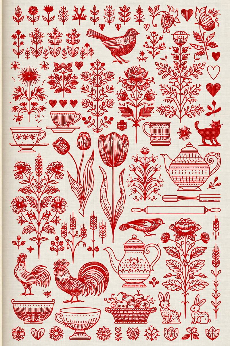 Original redwork design plate showing complete folk kitchen and botanical sampler, from Redwork Embroidery Collection Edition Four.