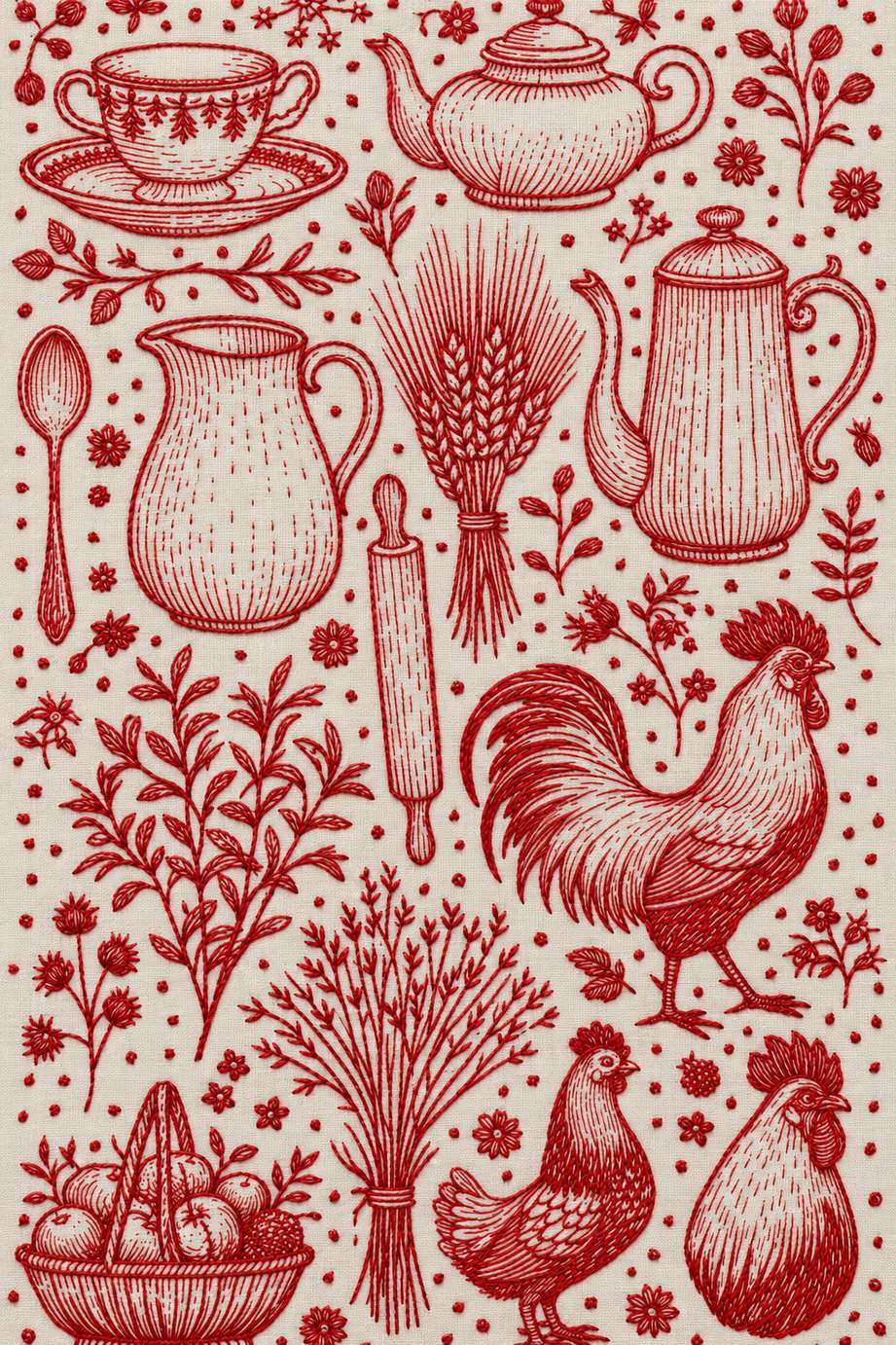Embroidery visualization of farmhouse vessels wheat and poultry in one red cotton thread color on warm ivory linen.