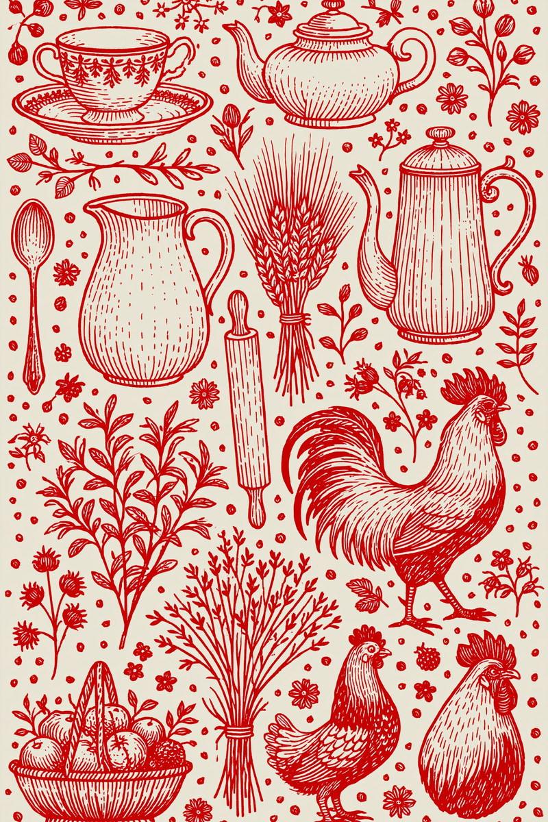 Original redwork design plate showing farmhouse vessels wheat and poultry, from Redwork Embroidery Collection Edition Four.