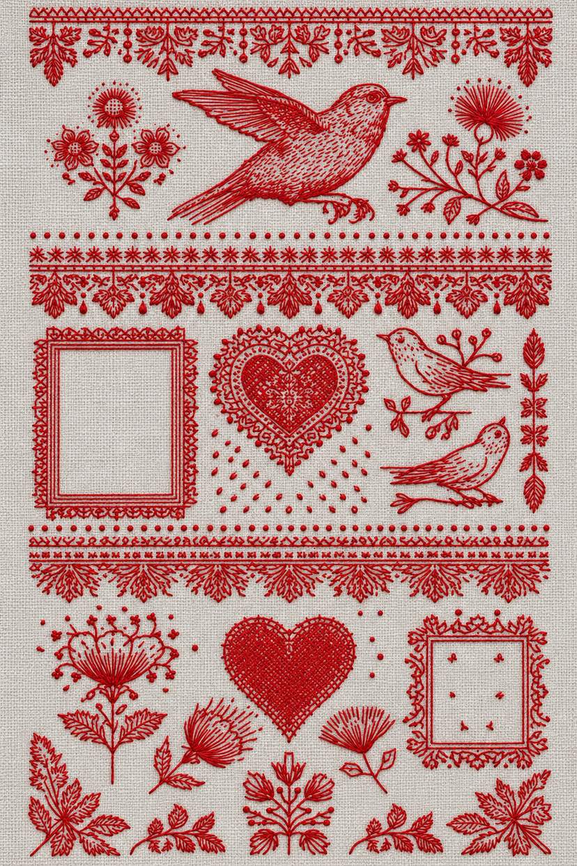 Embroidery visualization of flying bird heart and border sampler in one red cotton thread color on light stone-grey linen.
