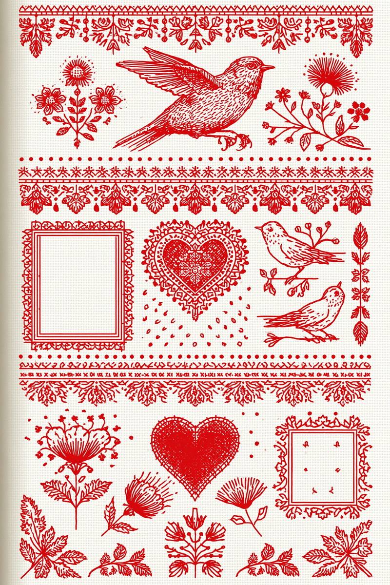 Original redwork design plate showing flying bird heart and border sampler, from Redwork Embroidery Collection Edition Four.