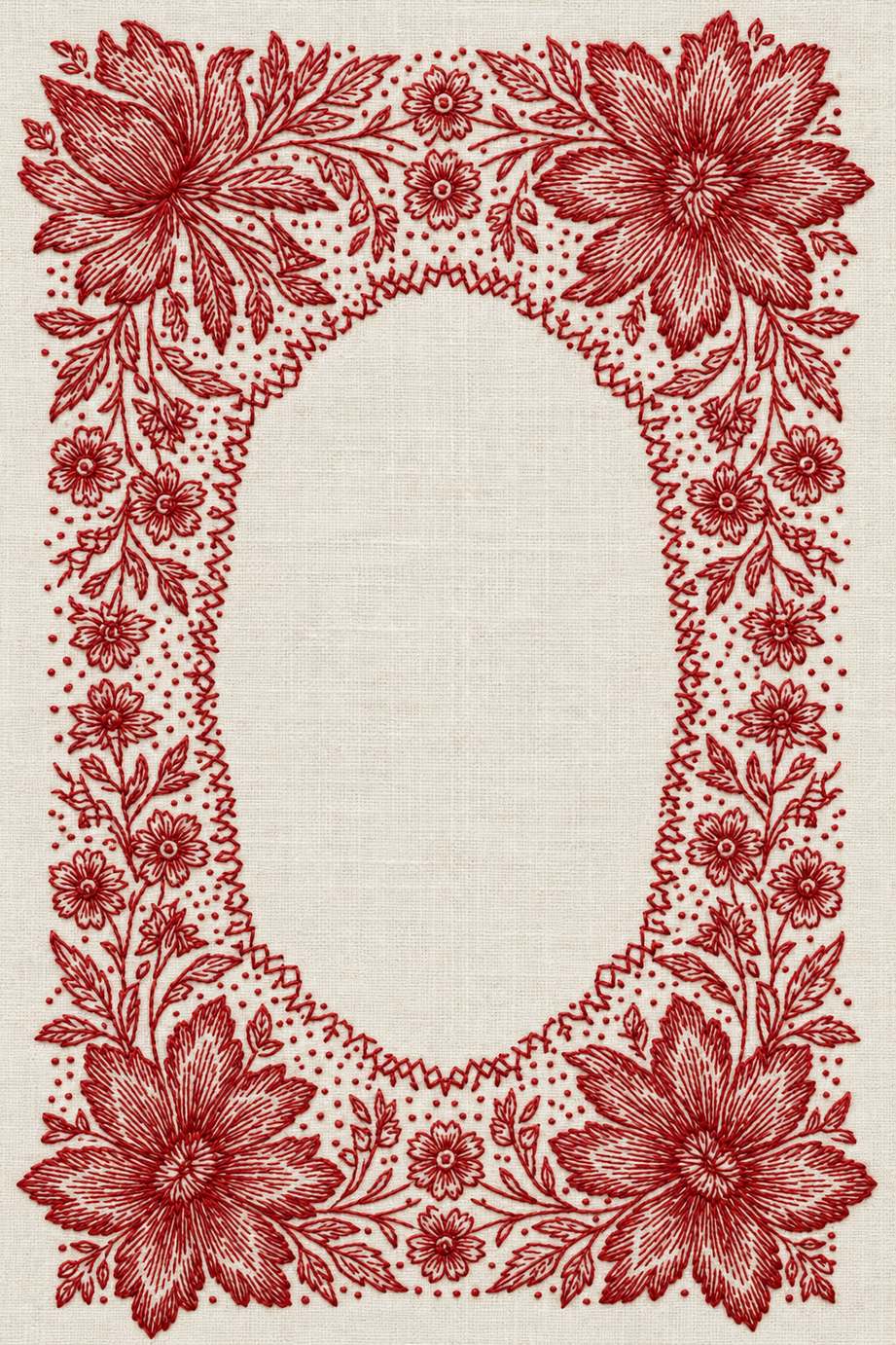 Embroidery visualization of four corner flowers and scalloped oval in one red cotton thread color on warm ivory linen.