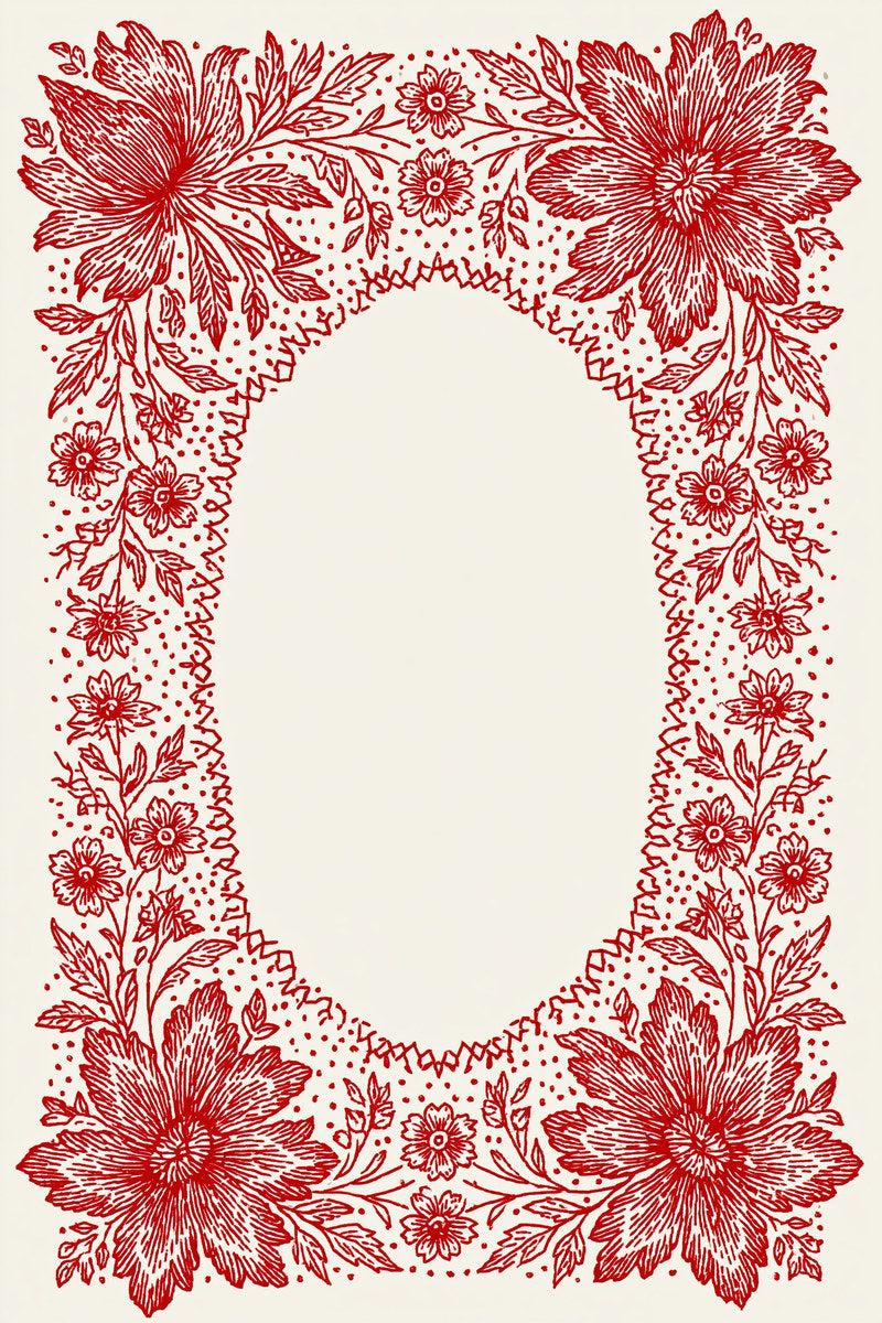 Original redwork design plate showing four corner flowers and scalloped oval, from Redwork Embroidery Collection Edition Four.