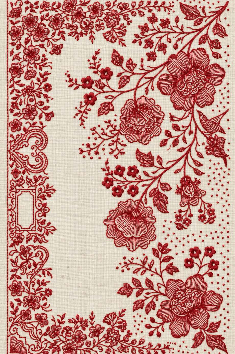 Embroidery visualization of ornate corner border and rose sprays in one red cotton thread color on warm ivory linen.