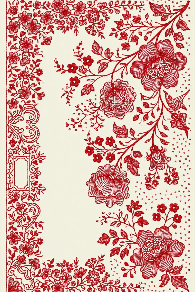 Original redwork design plate showing ornate corner border and rose sprays, from Redwork Embroidery Collection Edition Four.