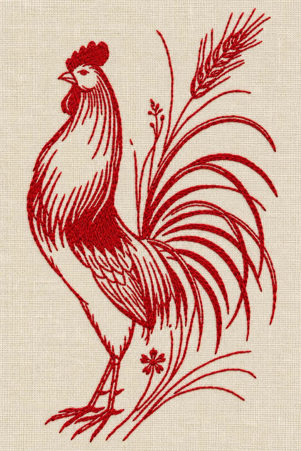 Embroidery visualization of single rooster and wheat sprig in one red cotton thread color on warm ivory linen.