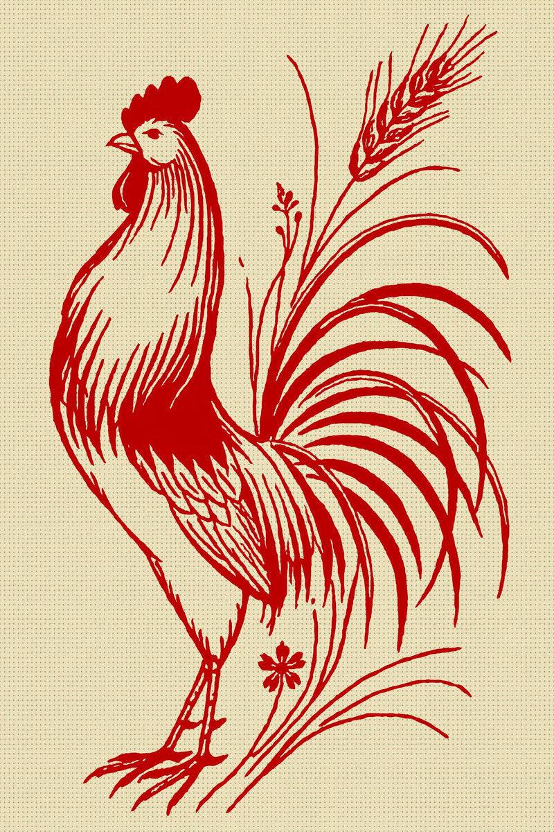 Original redwork design plate showing single rooster and wheat sprig, from Redwork Embroidery Collection Edition Four.