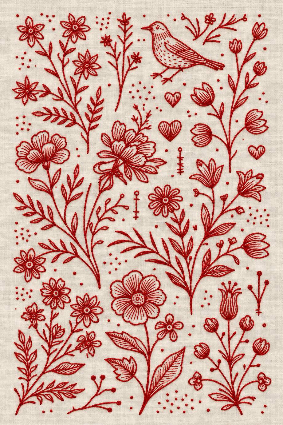Embroidery visualization of songbird hearts and botanical sprigs in one red cotton thread color on warm ivory linen.