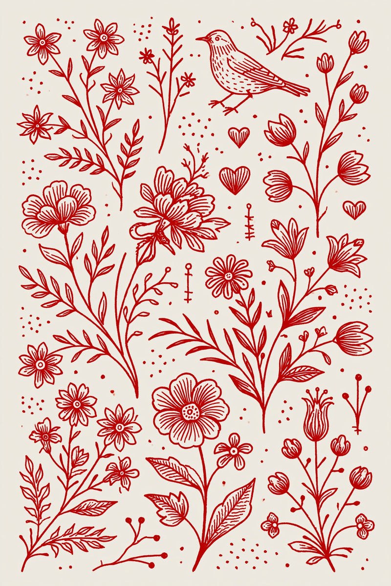 Original redwork design plate showing songbird hearts and botanical sprigs, from Redwork Embroidery Collection Edition Four.