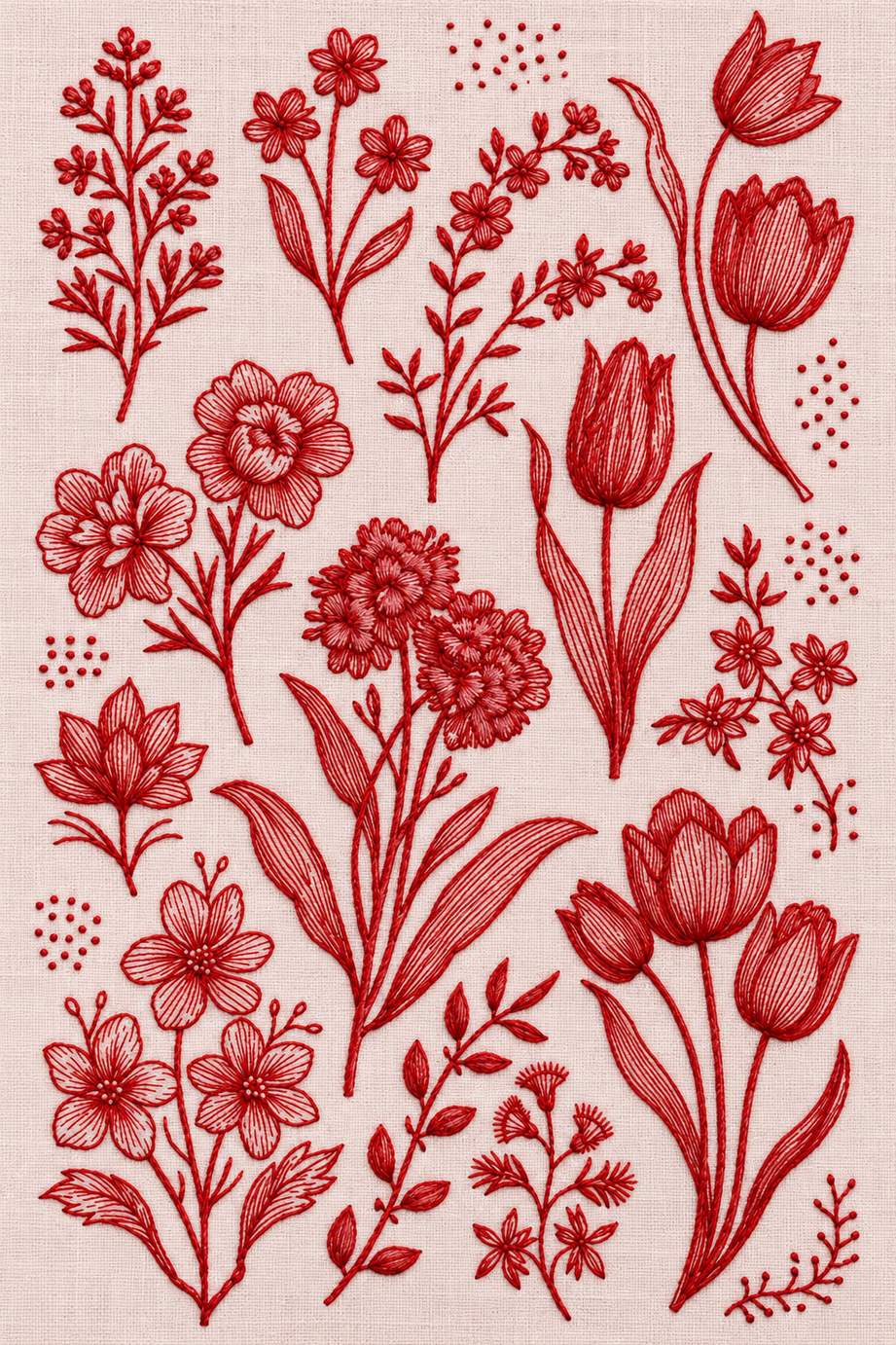 Embroidery visualization of tulip and wildflower reference library in one red cotton thread color on pale blush linen.