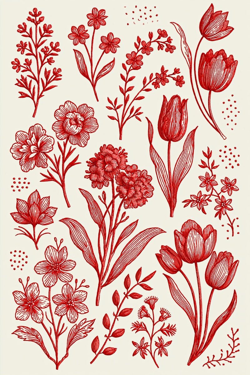 Original redwork design plate showing tulip and wildflower reference library, from Redwork Embroidery Collection Edition Four.