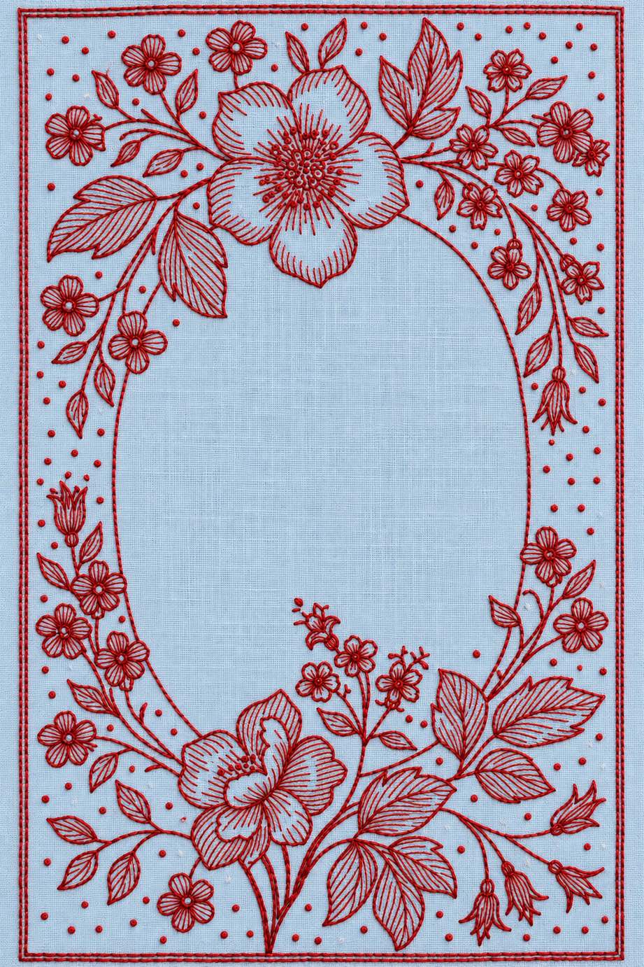Embroidery visualization of two large flowers and open oval frame in one red cotton thread color on powder-blue linen.