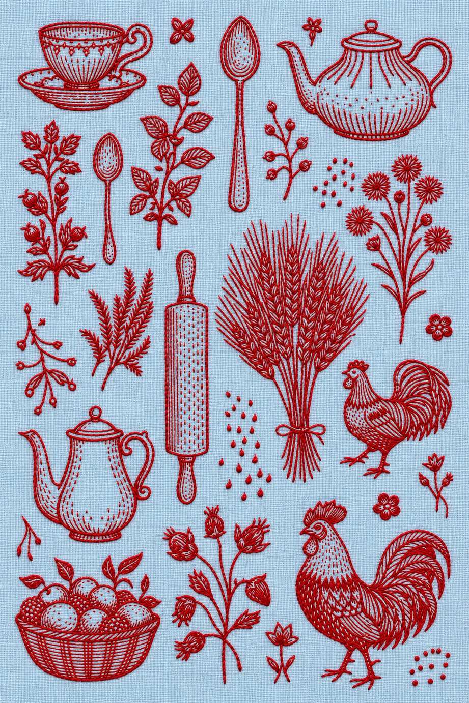 Embroidery visualization of two roosters wheat and teapot motifs in one red cotton thread color on powder-blue linen.