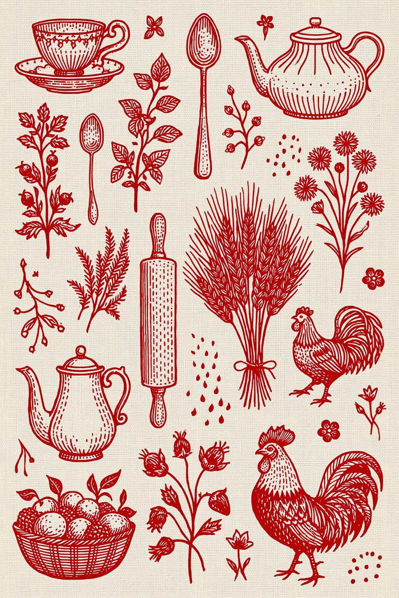 Original redwork design plate showing two roosters wheat and teapot motifs, from Redwork Embroidery Collection Edition Four.