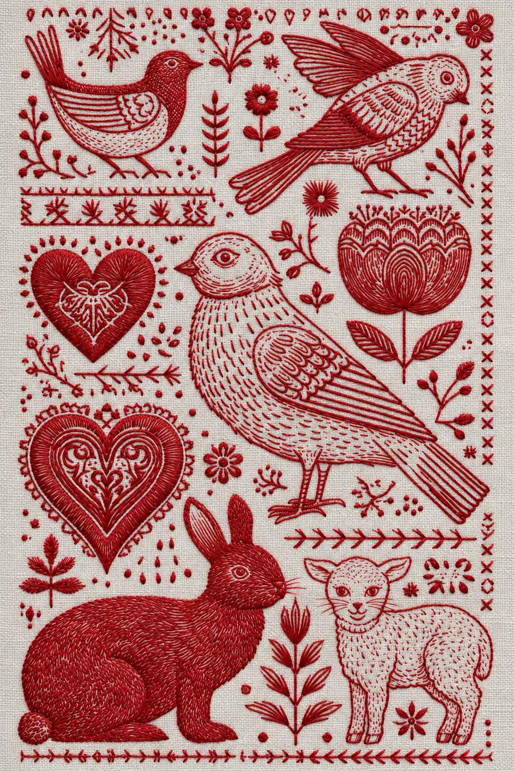 Embroidery visualization of birds, hearts, rabbit and lamb folk motifs in a single red cotton thread color on stone-grey linen.