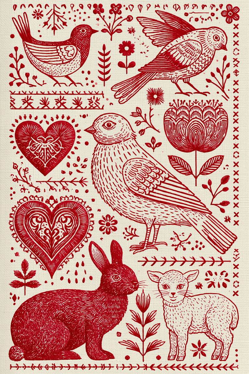 Original redwork design plate showing birds, hearts, rabbit and lamb folk motifs, from Redwork Embroidery Collection Edition One.