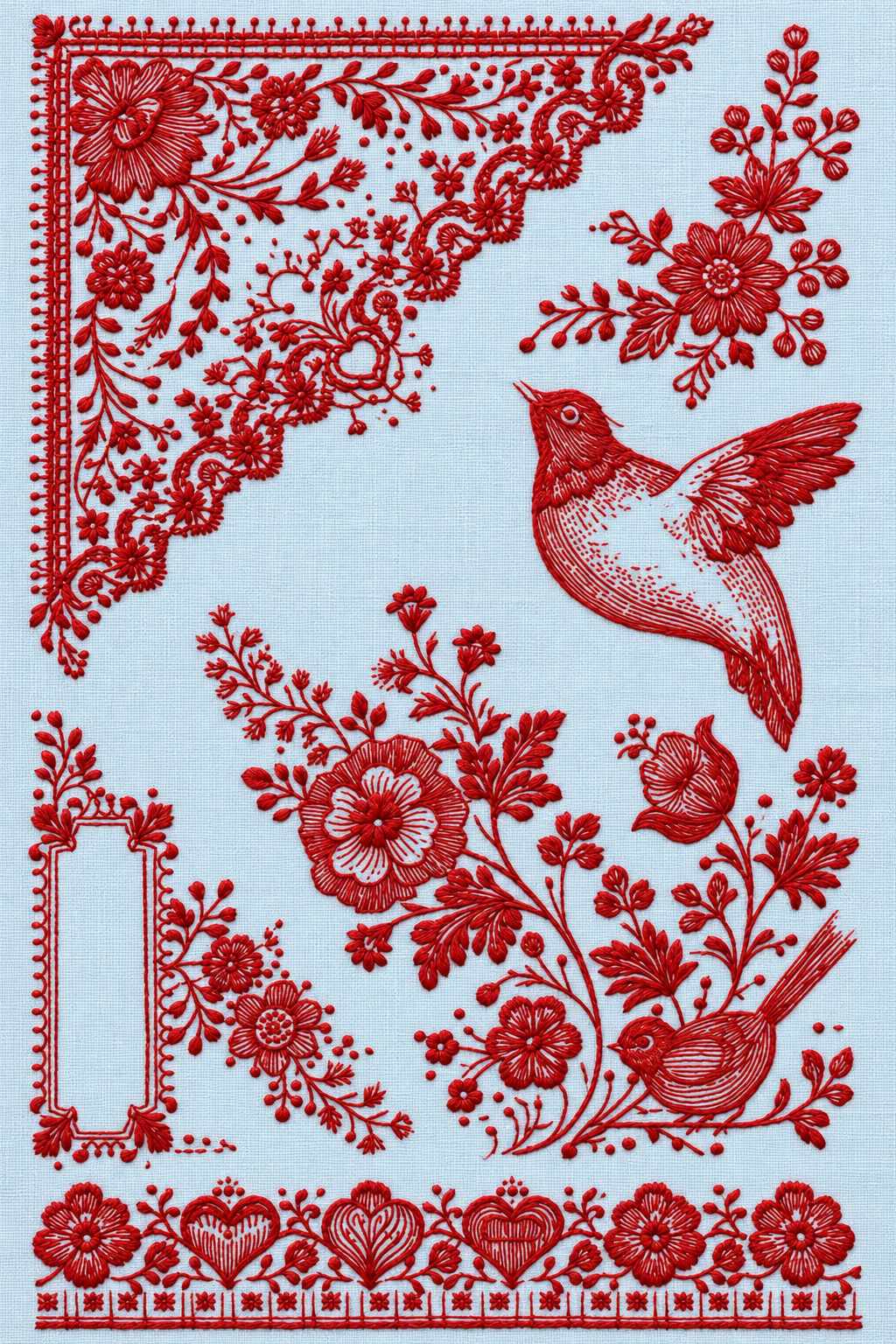 Embroidery visualization of botanical corner, birds and floral border in a single red cotton thread color on powder-blue linen.