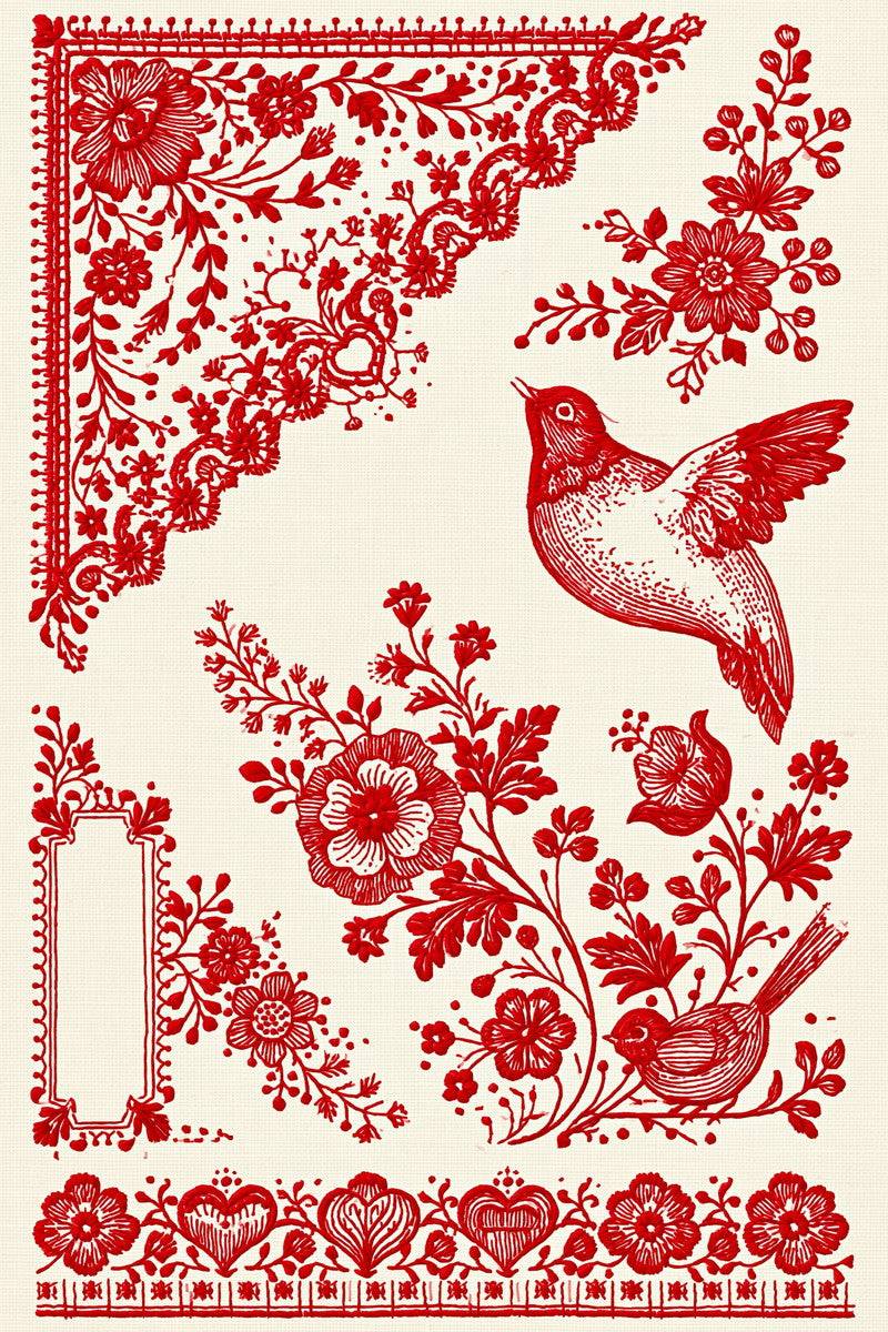 Original redwork design plate showing botanical corner, birds and floral border, from Redwork Embroidery Collection Edition One.