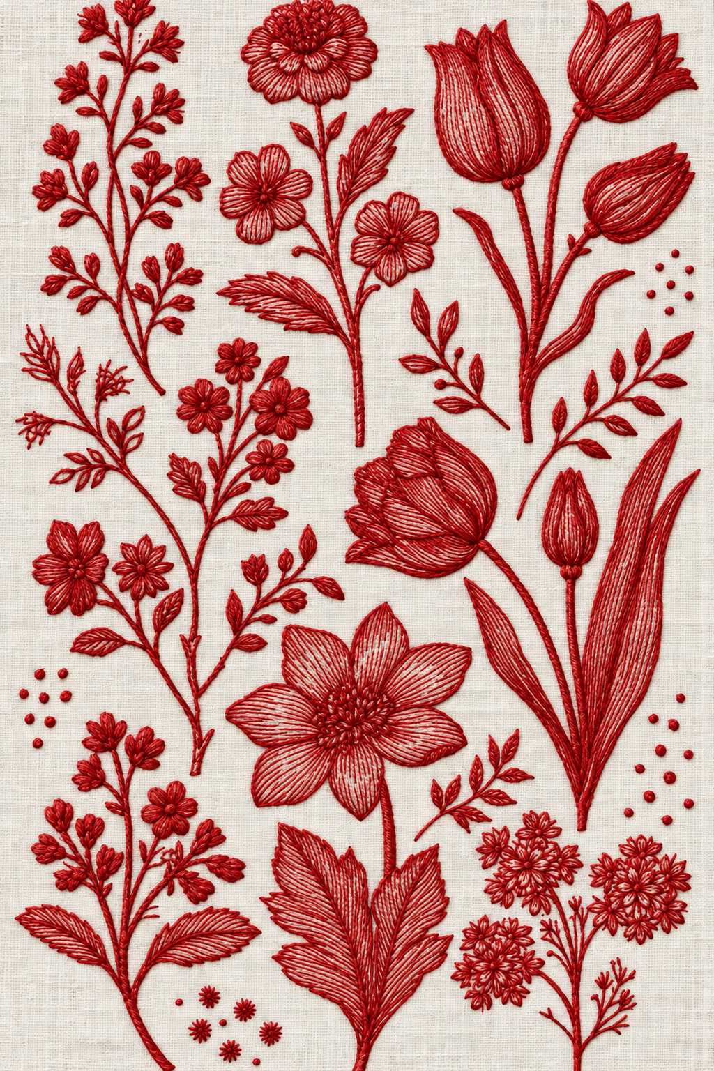 Embroidery visualization of classic flowering sprigs and tulips in a single red cotton thread color on ivory linen.