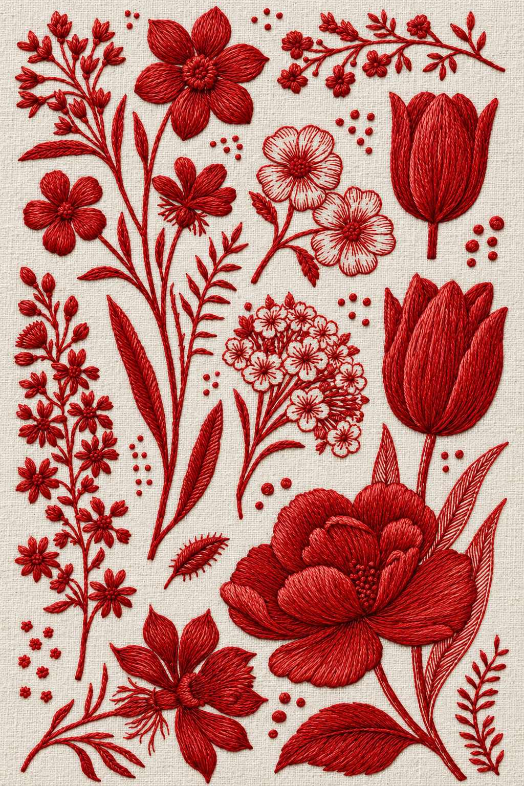Embroidery visualization of dense floral and tulip archive in a single red cotton thread color on ivory linen.