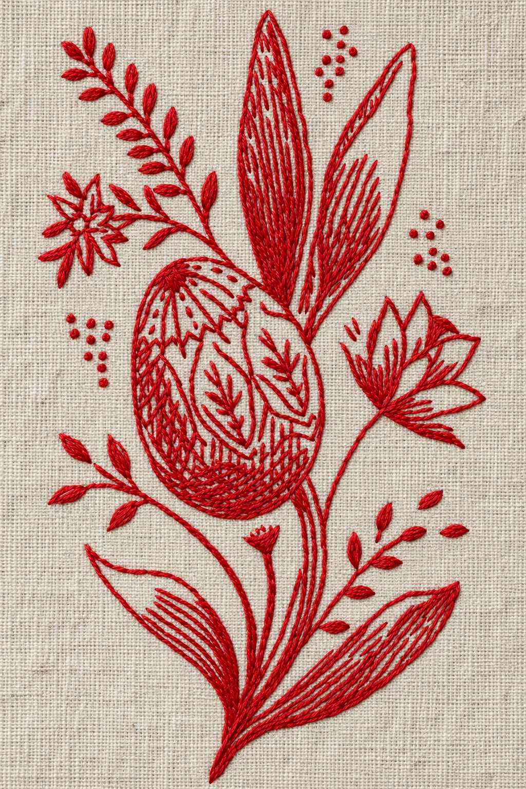 Embroidery visualization of decorated easter egg and floral sprig in a single red cotton thread color on oatmeal linen.