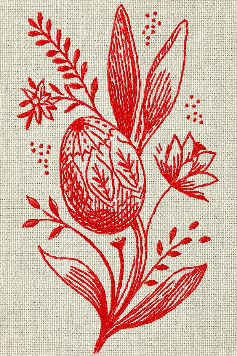 Original redwork design plate showing decorated easter egg and floral sprig, from Redwork Embroidery Collection Edition One.