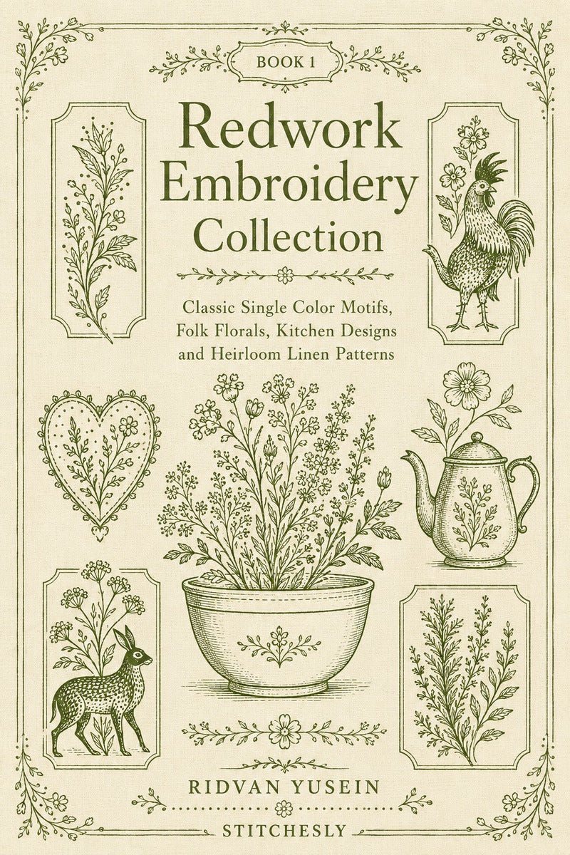 Redwork Embroidery Collection Edition One digital PDF, flat book cover.
