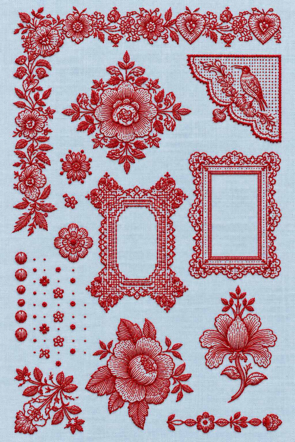 Embroidery visualization of floral heart border, medallions and open frames in a single red cotton thread color on powder-blue linen.