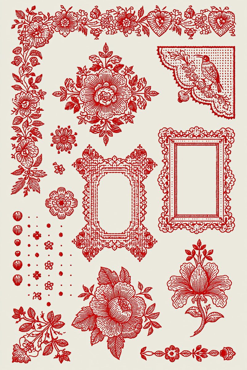 Original redwork design plate showing floral heart border, medallions and open frames, from Redwork Embroidery Collection Edition One.