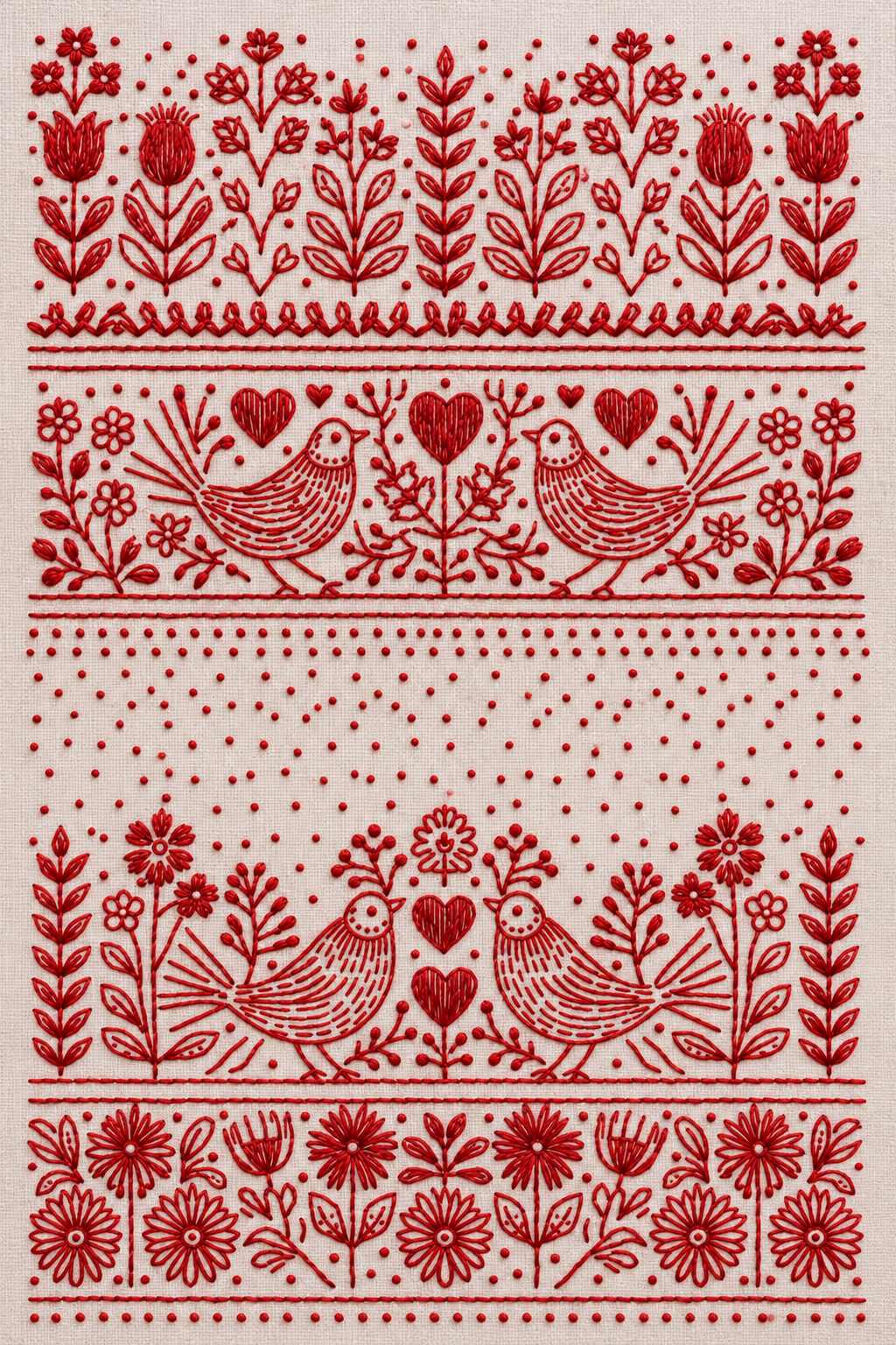 Embroidery visualization of four folk birds, hearts and horizontal flower bands in a single red cotton thread color on blush linen.